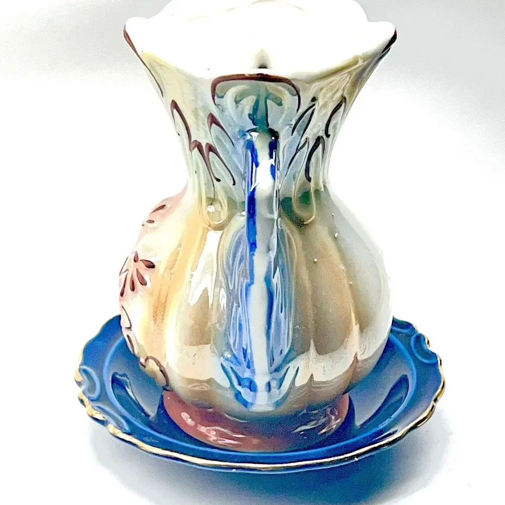 Vintage Iridescent Ceramic Flower Vase RARE w/Base/Plate - Hand-Painted #422
